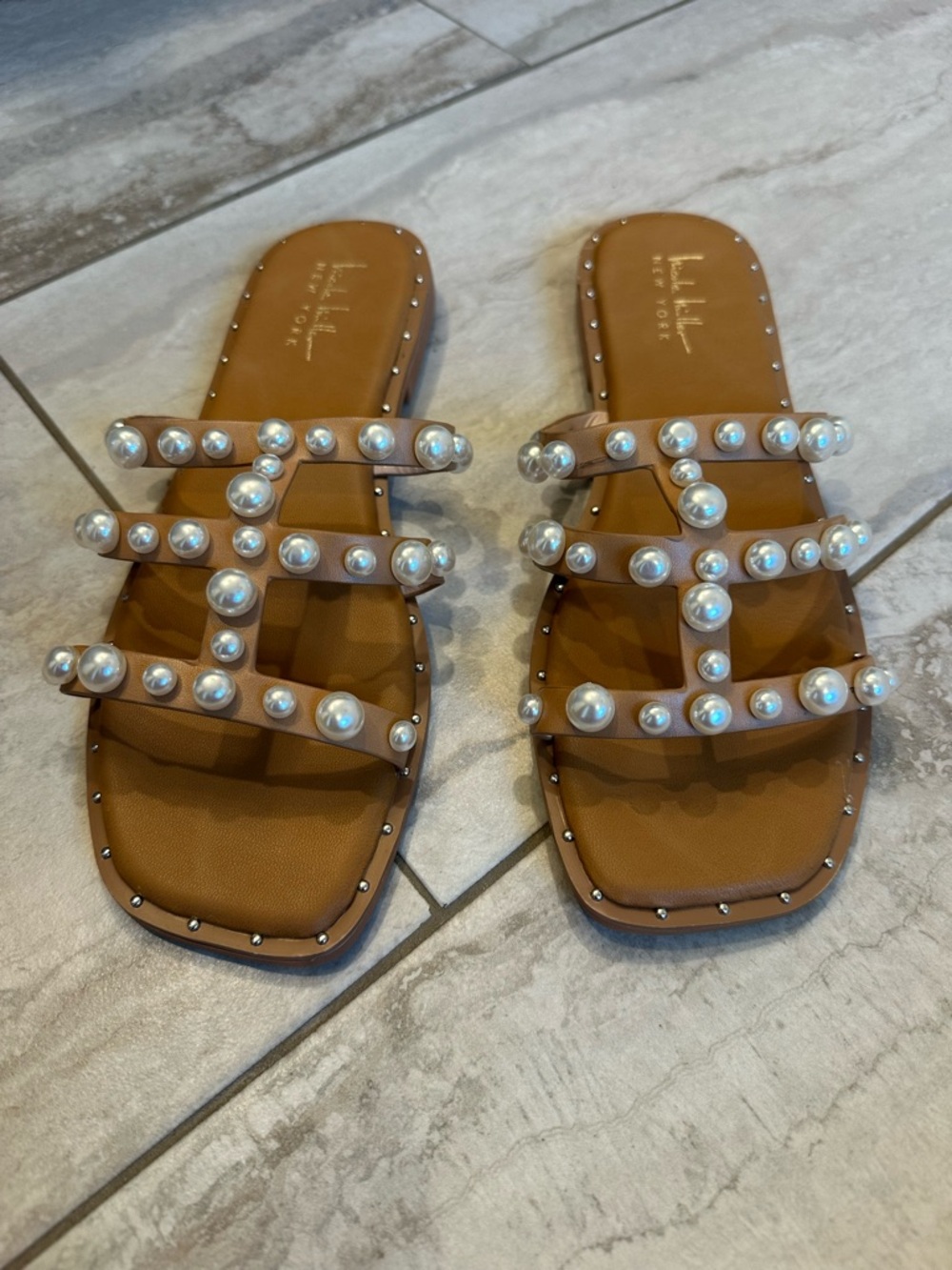 Brown Pearl-Embellished Women’s Slide Sandals